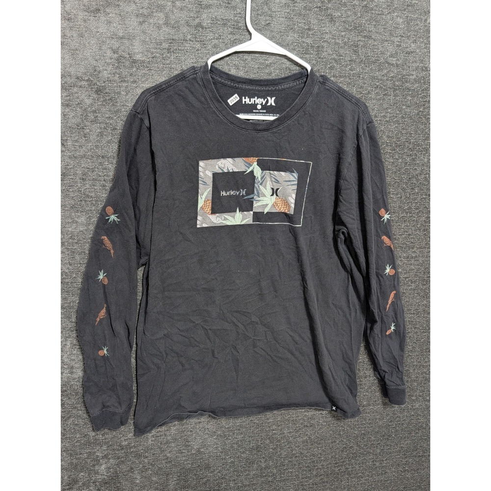 Hurley Mens Long Sleeve Graphic T-Shirt Black Tropical Pineapple Parrot Large